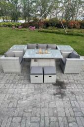 Fimous Rattan Garden Furniture Set Gas Fire Pit Lounge Sofa Chair Dining Set With 2 Side Table in Light Grey - thumbnail 3