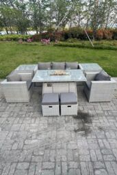 Fimous Rattan Garden Furniture Set Gas Fire Pit Lounge Sofa Chair Dining Set With 2 Side Table in Light Grey - thumbnail 1