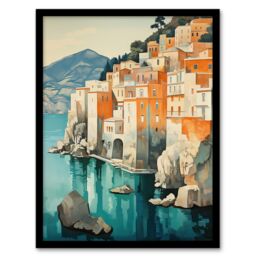 Artery8 Wall Art Print Amalfi Coast Artwork Blue Orange Green Coastal Village Italy Landscape Art Framed in Black - Size: A4 - thumbnail 1