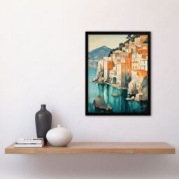 Artery8 Wall Art Print Amalfi Coast Artwork Blue Orange Green Coastal Village Italy Landscape Art Framed in Black - Size: A4 - thumbnail 4