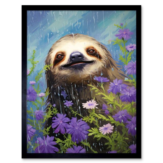 Artery8 Wall Art Print Carefree Sloth in a Field of Lavender Daisies Oil Painting Enjoying the Spring Rain Kids Bedroom Art Framed - image 1