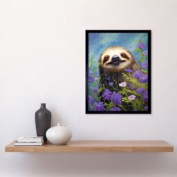 Artery8 Wall Art Print Carefree Sloth in a Field of Lavender Daisies Oil Painting Enjoying the Spring Rain Kids Bedroom Art Framed - thumbnail 2