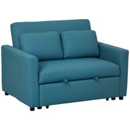 HOMCOM 2 Seater Sofa Bed Convertible Bed Settee with Cushions, Pockets in Blue - thumbnail 2
