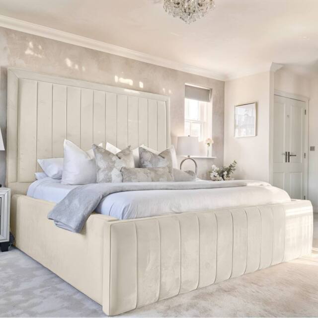 "UK Bed Furniture Geneva Upholstered Bed Frame with 54"" Headboard - Slatted Base in Cream - Size: Super King" - image 1