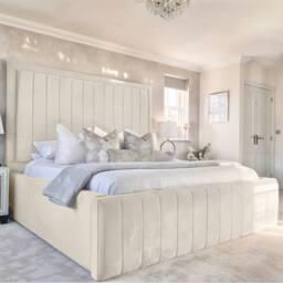"UK Bed Furniture Geneva Upholstered Bed Frame with 54"" Headboard - Slatted Base in Cream - Size: Super King"