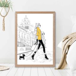 ARTZE Paris Street with Dog Style & Fashion Sketch Framed Print SIZE: A3 with Oak Frame in Yellow - Size: A4 - thumbnail 2