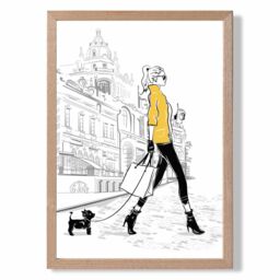 ARTZE Paris Street with Dog Style & Fashion Sketch Framed Print SIZE: A3 with Oak Frame in Yellow - Size: A4