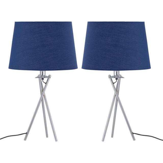 First Choice Lighting Set of 2 Tripod Table Lamps with Navy Cotton Fabric Shades in Silver - image 1