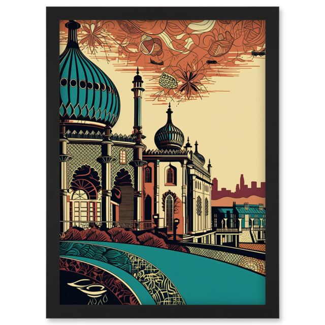 Artery8 Brighton City Royal Pavilion Ornate Illustration Artwork Framed Wall Art Print A4 in Black - image 1