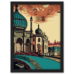 Artery8 Brighton City Royal Pavilion Ornate Illustration Artwork Framed Wall Art Print A4 in Black - thumbnail 1