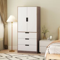 HOMCOM Wardrobe Closet with 2 Doors 3 Drawer & Clothes Hanging Rail, Brown - thumbnail 1