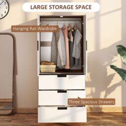 HOMCOM Wardrobe Closet with 2 Doors 3 Drawer & Clothes Hanging Rail, Brown - thumbnail 4