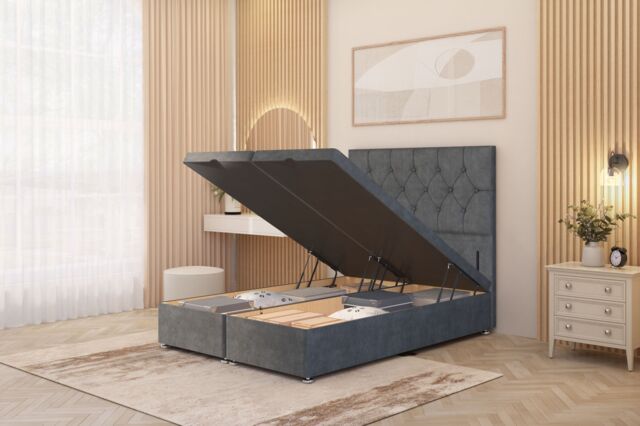 Somnior Ziggy Plush Velvet Ottoman Bed Base with Floor Standing Headboard in Silver - Size: King - image 1