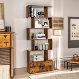 Pirlo Plush Industrial 5 Compartment Book Shelf Rustic Brown Living Room Furniture - thumbnail 1