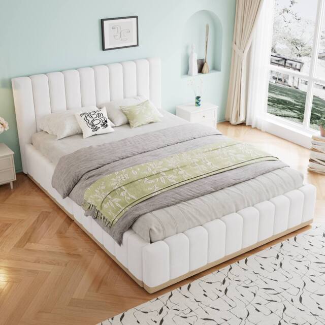 Merax 4ft6 Double White PU Leather Upholstered Bed with Fluted Headboard - image 1