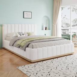 Merax 4ft6 Double White PU Leather Upholstered Bed with Fluted Headboard - thumbnail 3