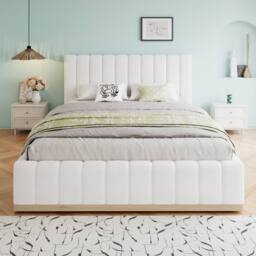 Merax 4ft6 Double White PU Leather Upholstered Bed with Fluted Headboard - thumbnail 4