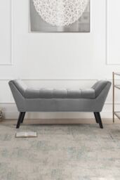 Living and Home Tufted Velvet Buttoned Bench with Raised Arms in Grey - thumbnail 3