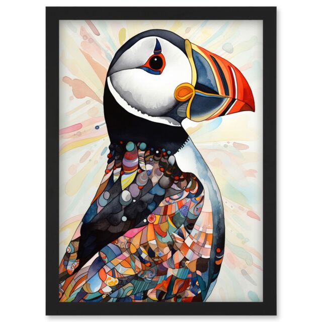 Artery8 Multicolour Pattern Feather Puffin Bird Folk Art Artwork Framed Wall Art Print A4 in Black - image 1
