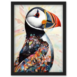 Artery8 Multicolour Pattern Feather Puffin Bird Folk Art Artwork Framed Wall Art Print A4 in Black - thumbnail 1