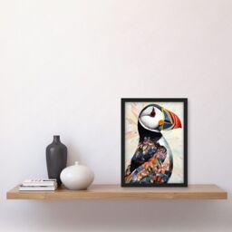 Artery8 Multicolour Pattern Feather Puffin Bird Folk Art Artwork Framed Wall Art Print A4 in Black - thumbnail 2