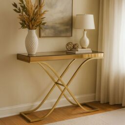 Orsina Spacious Gold Finished Decorative Table For Hallways, Modern Rectangular Console Table With Brown Glass Top - thumbnail 1