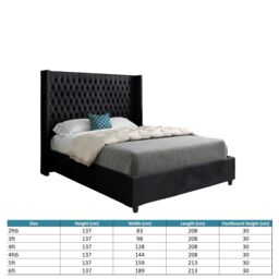 KDMD Volta Straight Winged Upholstered Soft Velvet Black Bed Frame - Size: Double - thumbnail 4