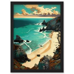 Artery8 Porthcurno Sandy Beach Cliffs Coastal Landscape Artwork Framed Wall Art Print A4 in Black - thumbnail 1