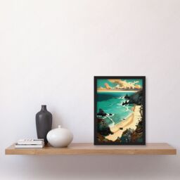 Artery8 Porthcurno Sandy Beach Cliffs Coastal Landscape Artwork Framed Wall Art Print A4 in Black - thumbnail 2