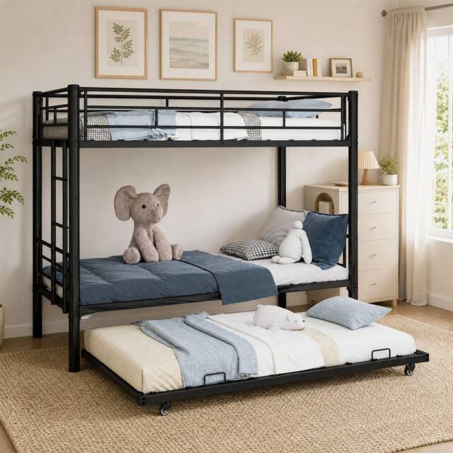 STILVORA Bed Frame 3ft Single with Pull-Out Bed Black - Size: Junior - image 1