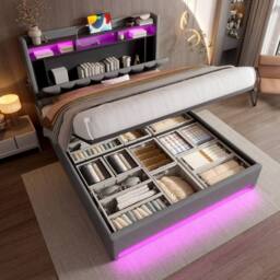 Direct Wicker 150*200cm King Padded storage bed with LED lighting, USB Type-C in Dark Grey