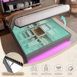 Direct Wicker 150*200cm King Padded storage bed with LED lighting, USB Type-C in Dark Grey - thumbnail 7