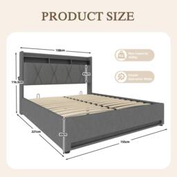 Direct Wicker 150*200cm King Padded storage bed with LED lighting, USB Type-C in Dark Grey - thumbnail 2