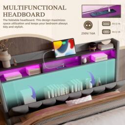 Direct Wicker 150*200cm King Padded storage bed with LED lighting, USB Type-C in Dark Grey - thumbnail 5