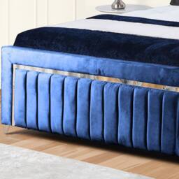 UK Bed Furniture Chrome Edge Slatted Base Upholstered Bed Frame with 48-inch Headboard in Blue - Size: Small Double - thumbnail 3