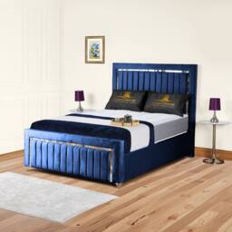 UK Bed Furniture Chrome Edge Slatted Base Upholstered Bed Frame with 48-inch Headboard in Blue - Size: Small Double