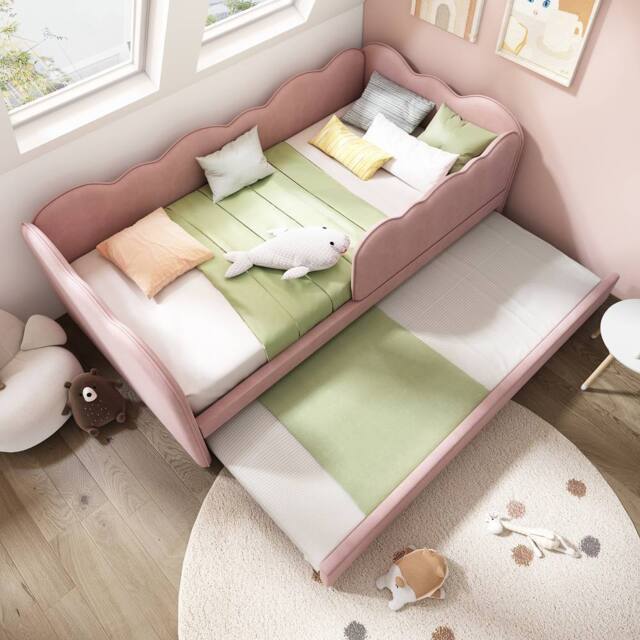 Merax Upholstered 3FT Single Daybed Sofa Bed with Pull Out Trundle in Pink - image 1