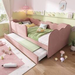 Merax Upholstered 3FT Single Daybed Sofa Bed with Pull Out Trundle in Pink - thumbnail 7