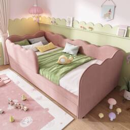 Merax Upholstered 3FT Single Daybed Sofa Bed with Pull Out Trundle in Pink - thumbnail 9