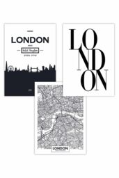 ARTZE Set of 3 LONDON Skyline Street Map City Prints Art Posters in Black - Size: W50 cm x H70 cm - thumbnail 1