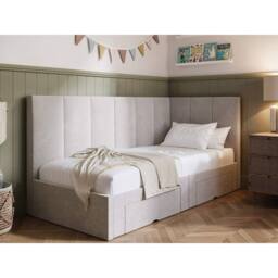 Flair Harley Corner Fabric Bed Frame with Storage Drawers in Beige - Size: Single
