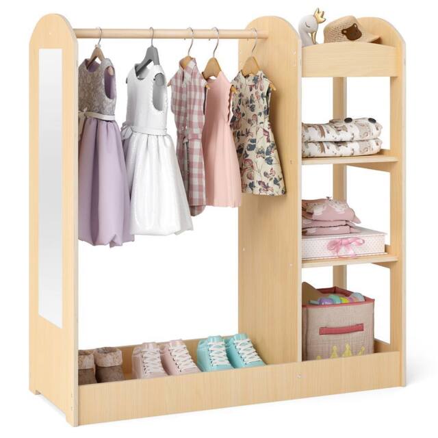 Gymax Pretend Storage Closet Play Armoire Dresser Wardrobe With Mirror in Light Khaki - image 1