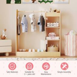 Gymax Pretend Storage Closet Play Armoire Dresser Wardrobe With Mirror in Light Khaki - thumbnail 6