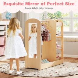 Gymax Pretend Storage Closet Play Armoire Dresser Wardrobe With Mirror in Light Khaki - thumbnail 4