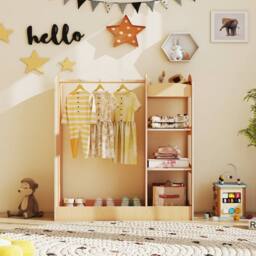 Gymax Pretend Storage Closet Play Armoire Dresser Wardrobe With Mirror in Light Khaki - thumbnail 5