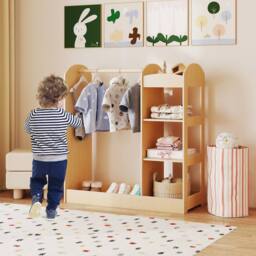 Gymax Pretend Storage Closet Play Armoire Dresser Wardrobe With Mirror in Light Khaki - thumbnail 3