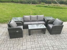 Fimous Wicker PE Rattan Garden Furniture Set Outdoor Lounge Sofa Set with Reclining Chair Coffee Table 2 Side Tables in Dark Grey - thumbnail 2