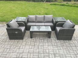 Fimous Wicker PE Rattan Garden Furniture Set Outdoor Lounge Sofa Set with Reclining Chair Coffee Table 2 Side Tables in Dark Grey - thumbnail 1