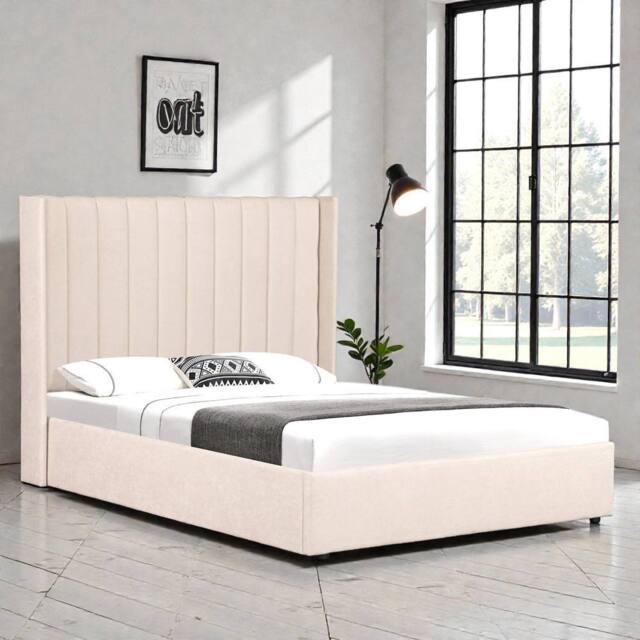OAT Home Daresbury Winged Headboard Fabric Ottoman Storage Bed Frame in Natural - Size: King - image 1