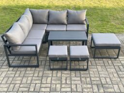 Fimous Aluminium Outdoor Garden Furniture Set Lounge Sofa Coffee Table Sets with 3 Footstools Indoor Conservatory Set Dark Grey - thumbnail 2
